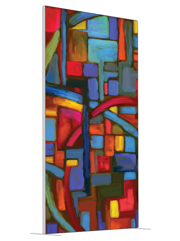 Stained glass multicolor block shown at an angled view, photography backdrop panel for Denny StudioEdge silicone edge frame, 4 ft