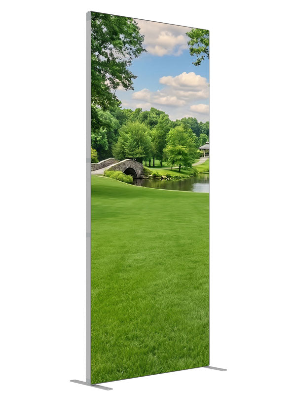 A groomed park lawn with a pond, arched stone bridge and a gazebo framed by trees, 3ft photography backdrop panel for Denny StudioEdge silicone edge frame, angled view