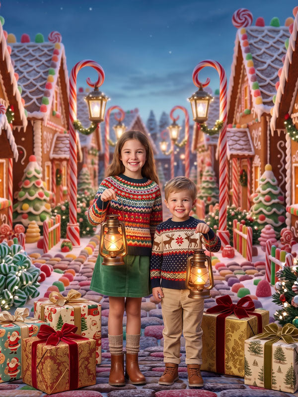 Sugar Lane lit gingerbread village with candy-cobble street photography backdrop shown with two children in holiday sweaters holding glowing lanterns CP-8896