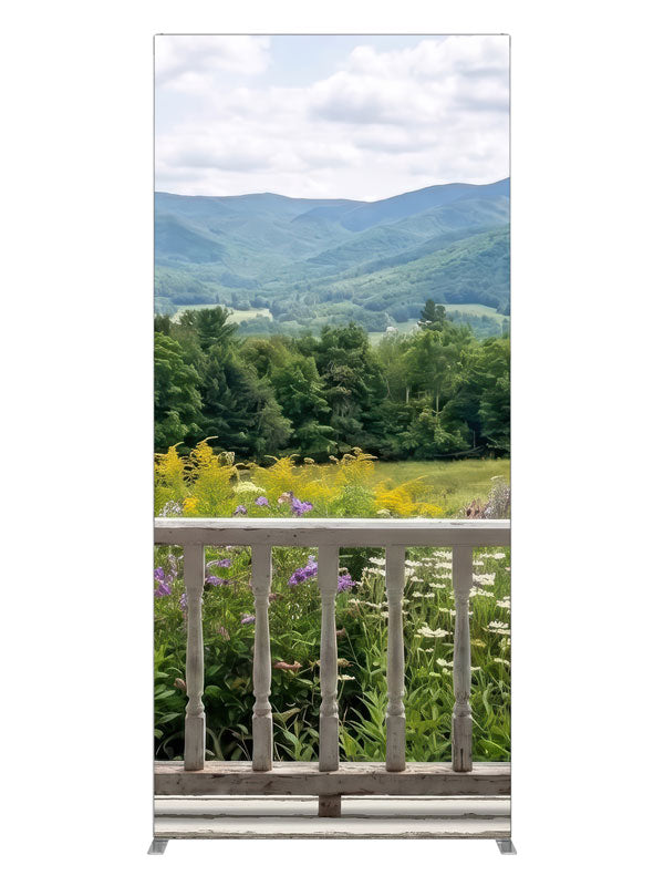 White porch railing above a summer mountain meadow of purple and yellow wildflowers, 3ft photography backdrop panel for Denny StudioEdge silicone edge frame