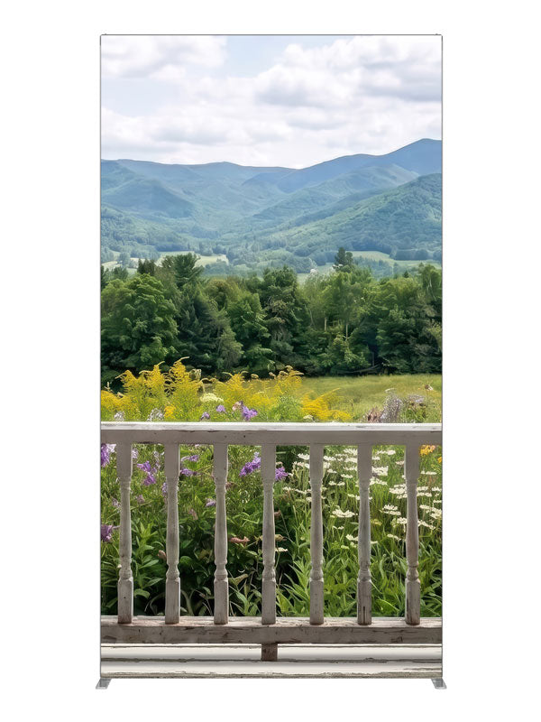White porch railing above a summer mountain meadow of purple and yellow wildflowers, 4ft photography backdrop panel for Denny StudioEdge silicone edge frame