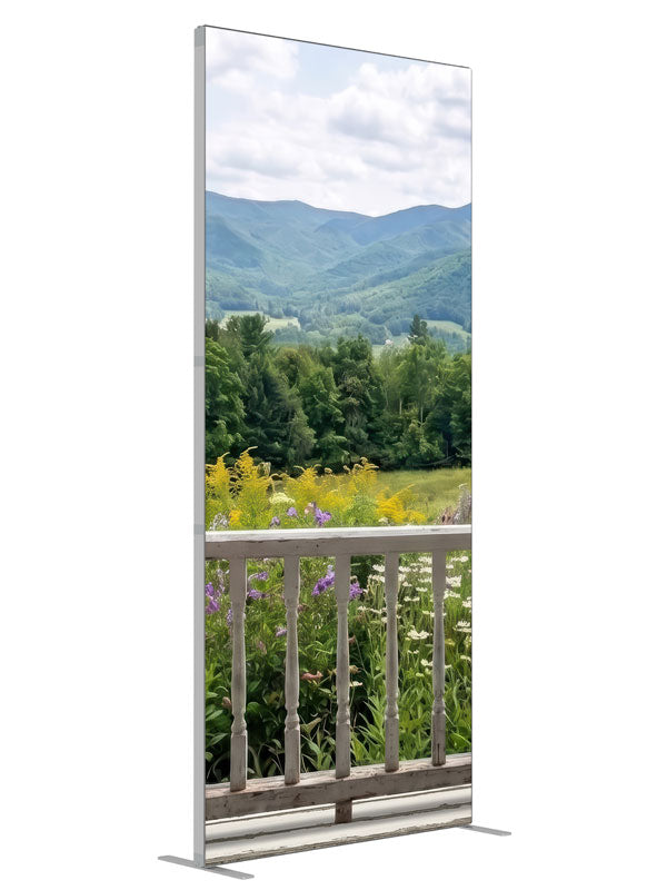 White porch railing above a summer mountain meadow of purple and yellow wildflowers, 3ft photography backdrop panel for Denny StudioEdge silicone edge frame, angled view