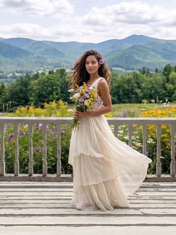Summer mountain wildflower meadow photography backdrop shown in a studio portrait with a woman in a cream dress holding a wildflower bouquet at the railing CP-9039