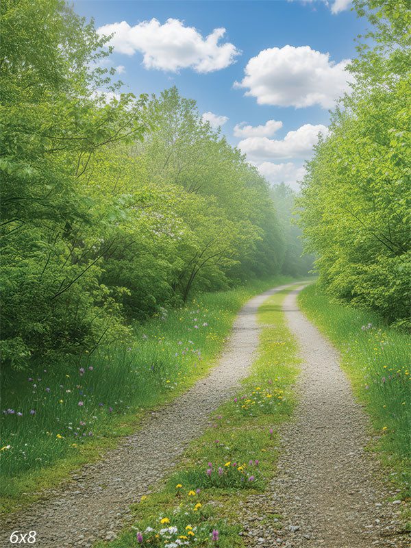 A bright spring forest scene with a gravel path winding into the distance, surrounded by thick green foliage and dotted wildflowers under a vivid blue sky.