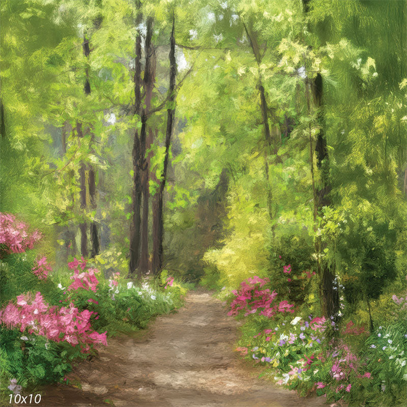 A wider painterly view of a sunlit woodland trail surrounded by bright green foliage and clusters of pink, white, and purple blossoms.