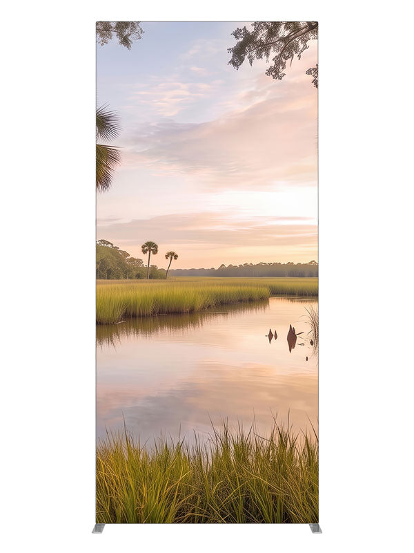 Still bayou creek winding through golden marsh grass at sunset with palmettos and moss-draped oak branches, 3ft photography backdrop panel for Denny StudioEdge silicone edge frame