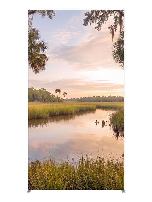 Still bayou creek winding through golden marsh grass at sunset with palmettos and moss-draped oak branches, 4ft photography backdrop panel for Denny StudioEdge silicone edge frame