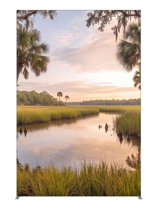 Still bayou creek winding through golden marsh grass at sunset with palmettos and moss-draped oak branches, 5ft photography backdrop panel for Denny StudioEdge silicone edge frame