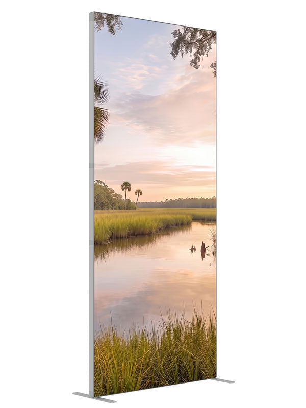 Still bayou creek winding through golden marsh grass at sunset with palmettos and moss-draped oak branches, 3ft photography backdrop panel for Denny StudioEdge silicone edge frame, angled view
