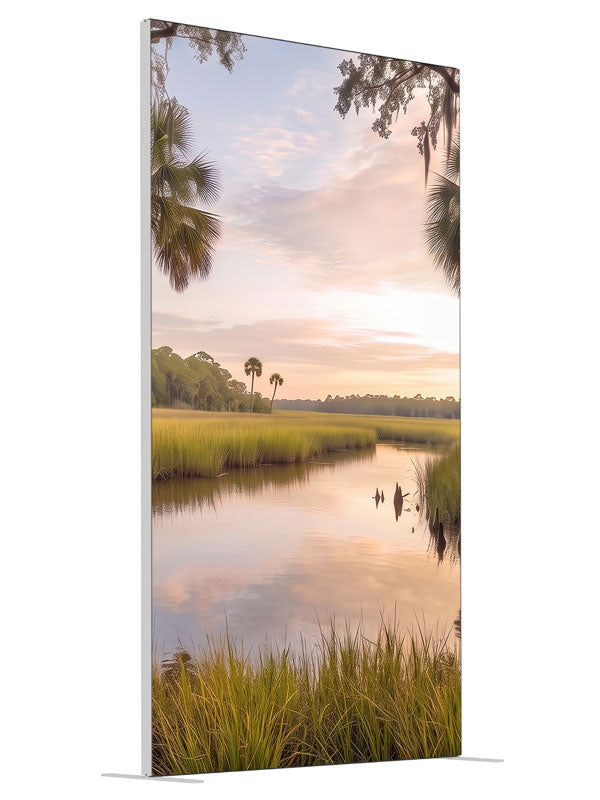 Still bayou creek winding through golden marsh grass at sunset with palmettos and moss-draped oak branches, 4ft photography backdrop panel for Denny StudioEdge silicone edge frame, angled view