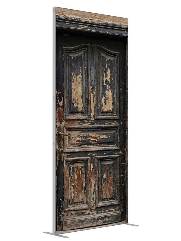 Textured Brick Wall Wooden Door shown at an angled view, photography backdrop panel for Denny StudioEdge silicone edge frame, 3 ft