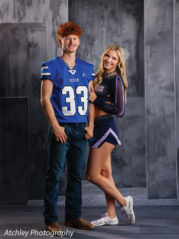 Textured Gray multi-panel photography backdrop shown with a senior football athlete with a cheerleader CP-8817