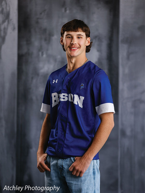 Textured Gray multi-panel photography backdrop shown with a senior athlete in a blue Bison jersey smiling CP-8817