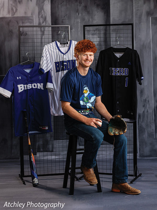 Textured Gray multi-panel photography backdrop shown with a senior athlete seated beside a jersey display rack with a baseball glove CP-8817