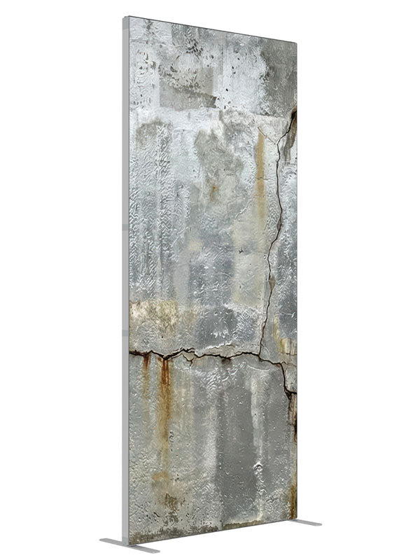 Textured Silver Industrial Wall shown at an angled view, photography backdrop panel for Denny StudioEdge silicone edge frame, 3 ft