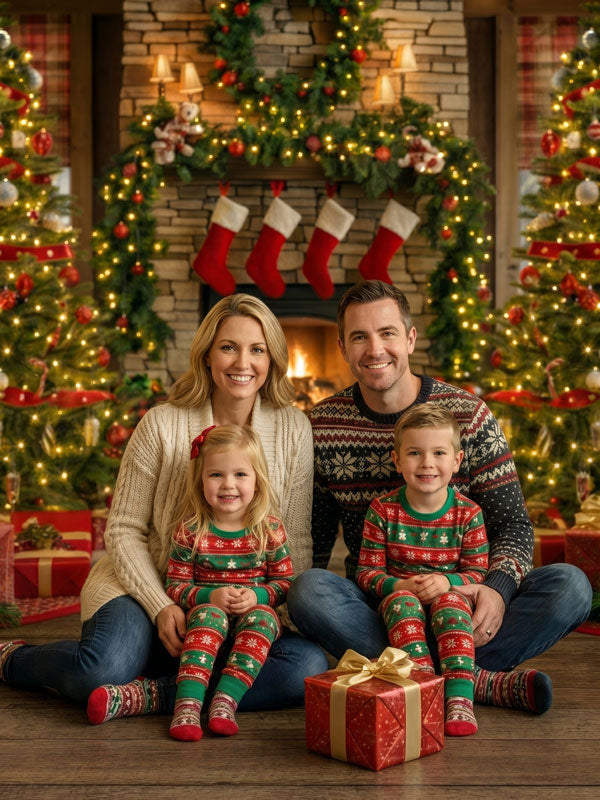 Timber Noel rustic toy workshop with wooden shelves and exposed brick photography backdrop shown with two children painting wooden toys at a table CP-8917
