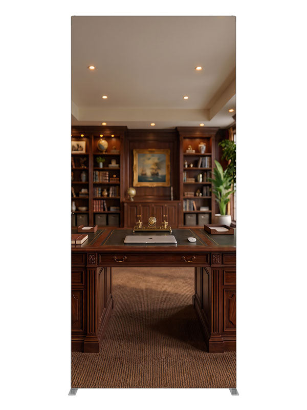 A mahogany executive study with built-in bookcases and a leather-topped partners desk, 3ft photography backdrop panel for Denny StudioEdge silicone edge frame