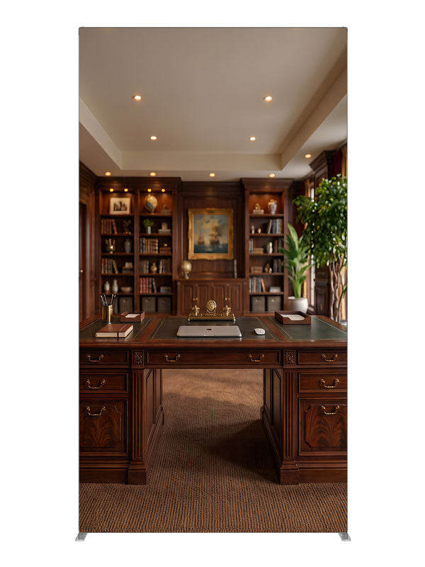 A mahogany executive study with built-in bookcases and a leather-topped partners desk, 4ft photography backdrop panel for Denny StudioEdge silicone edge frame