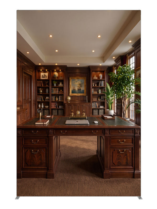 A mahogany executive study with built-in bookcases and a leather-topped partners desk, 5ft photography backdrop panel for Denny StudioEdge silicone edge frame