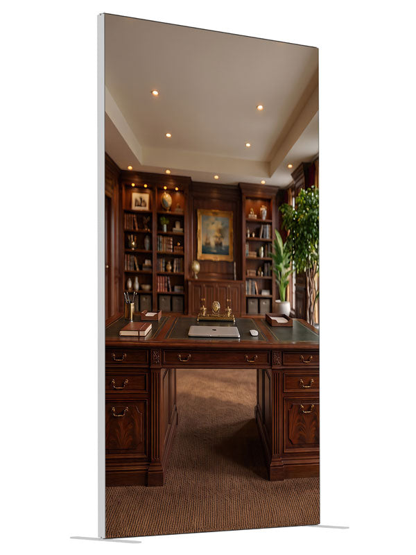 A mahogany executive study with built-in bookcases and a leather-topped partners desk, 4ft photography backdrop panel for Denny StudioEdge silicone edge frame