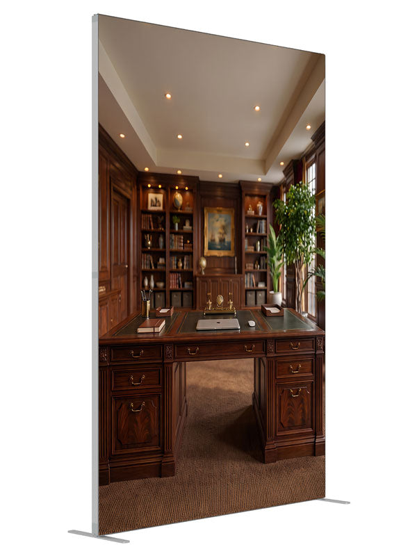 A mahogany executive study with built-in bookcases and a leather-topped partners desk, 5ft photography backdrop panel for Denny StudioEdge silicone edge frame