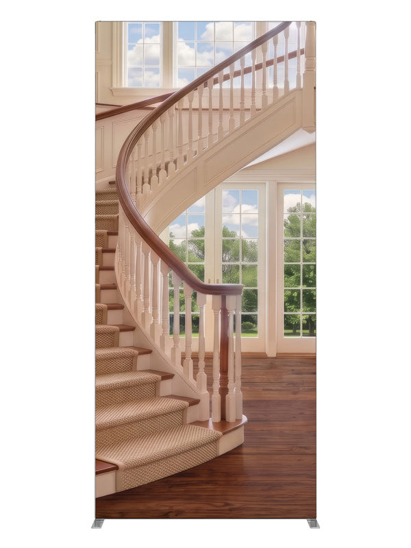 A cream curved staircase in a bright two-story foyer with tall windows and open hardwood floor, 3ft photography backdrop panel for Denny StudioEdge silicone edge frame