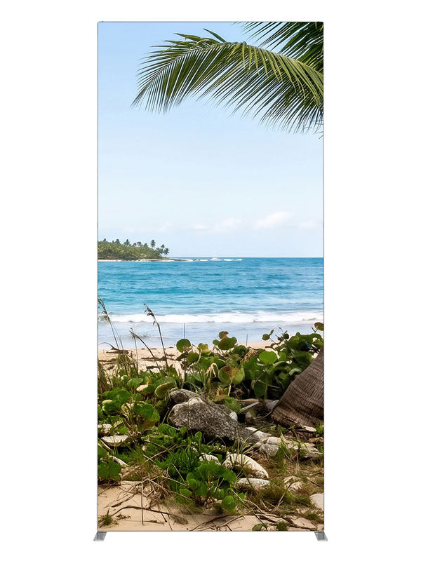 A tropical beach with a leaning coconut palm over white sand, turquoise surf and a distant point, 3ft photography backdrop panel for Denny StudioEdge silicone edge frame