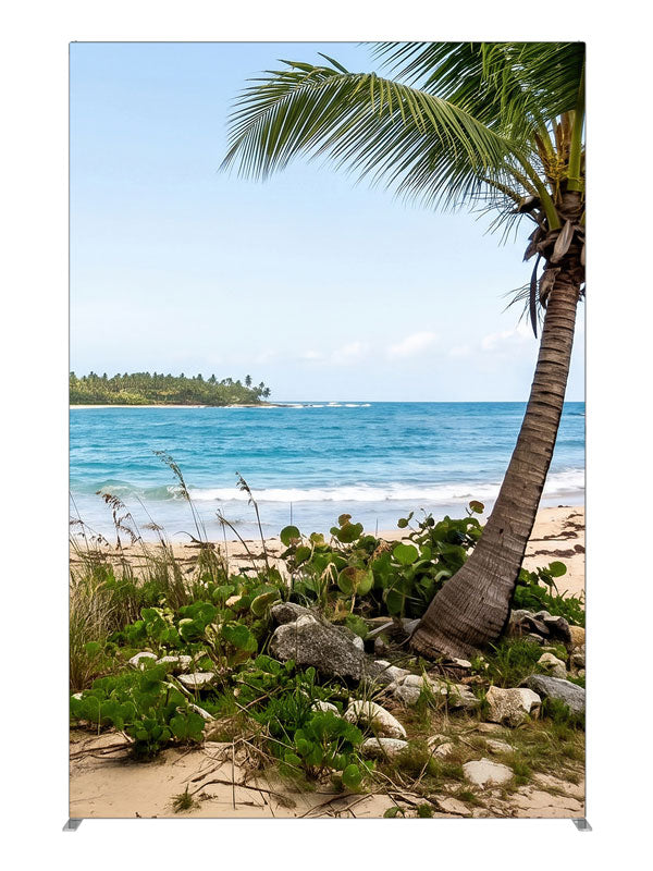 A tropical beach with a leaning coconut palm over white sand, turquoise surf and a distant point, 5ft photography backdrop panel for Denny StudioEdge silicone edge frame