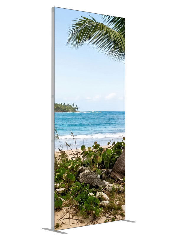 A tropical beach with a leaning coconut palm over white sand, turquoise surf and a distant point, 3ft photography backdrop panel for Denny StudioEdge silicone edge frame, angled view