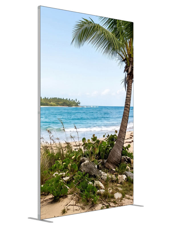 A tropical beach with a leaning coconut palm over white sand, turquoise surf and a distant point, 5ft photography backdrop panel for Denny StudioEdge silicone edge frame, angled view