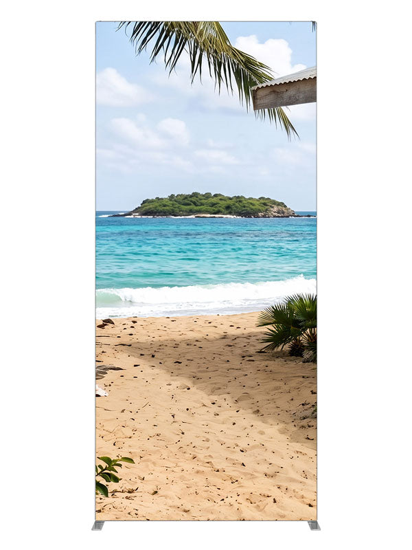 A weathered beach shack beside white sand, a leaning palm and a turquoise bay with an offshore islet, 3ft photography backdrop panel for Denny StudioEdge silicone edge frame