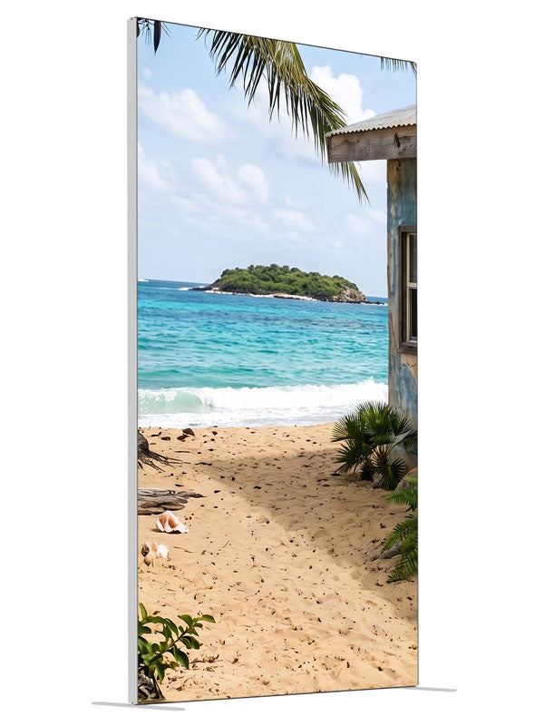 A weathered beach shack beside white sand, a leaning palm and a turquoise bay with an offshore islet, 4ft photography backdrop panel for Denny StudioEdge silicone edge frame, angled view