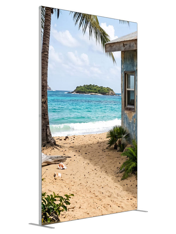 A weathered beach shack beside white sand, a leaning palm and a turquoise bay with an offshore islet, 5ft photography backdrop panel for Denny StudioEdge silicone edge frame, angled view