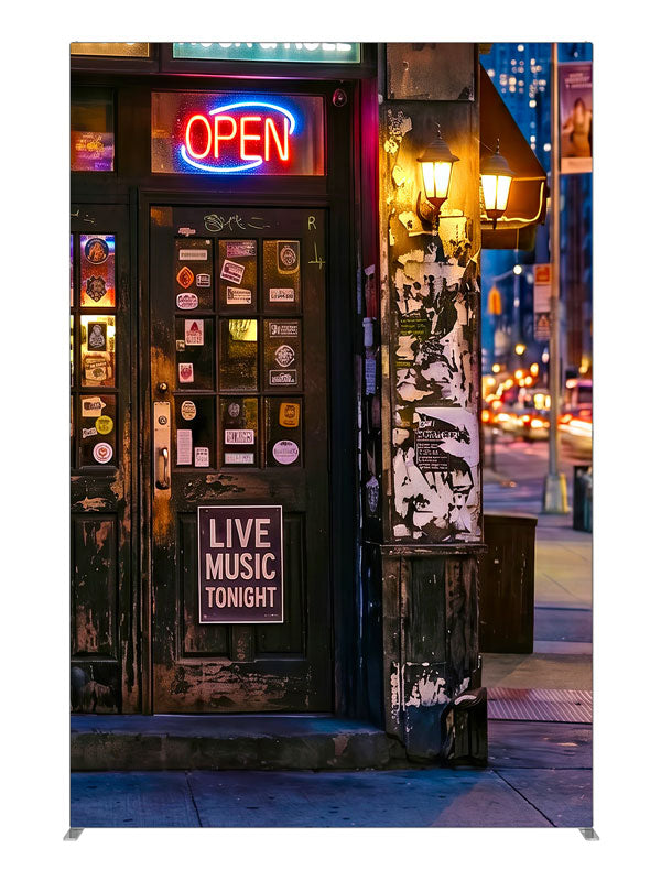 Gritty neon-lit city bar corner at night with live-music signage and a sticker-covered door, 5ft photography backdrop panel for Denny StudioEdge silicone edge frame