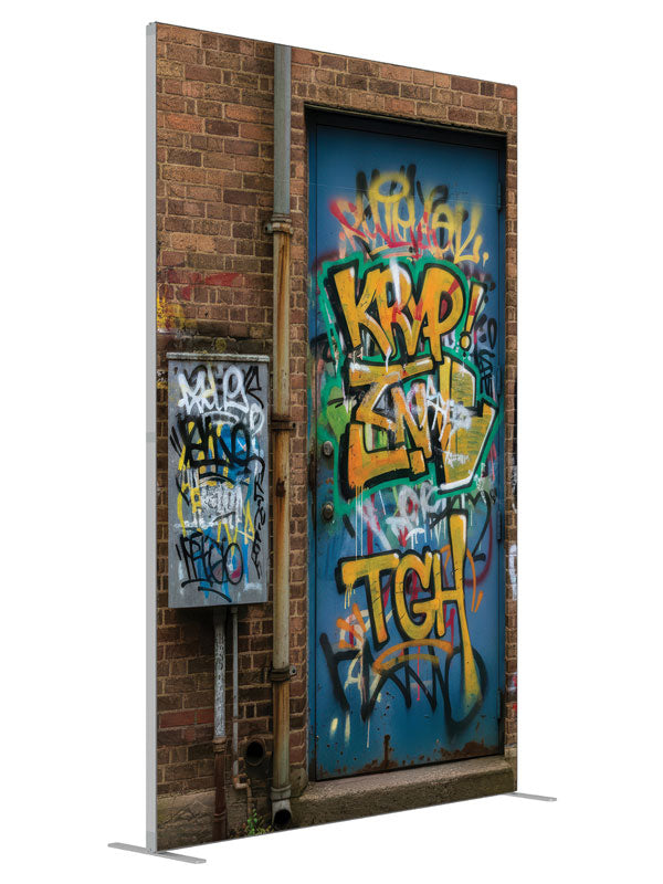 Urban warehouse metal door graffiti paint drips printed backdrop angled 5ft - Denny StudioEdge SECP-8864