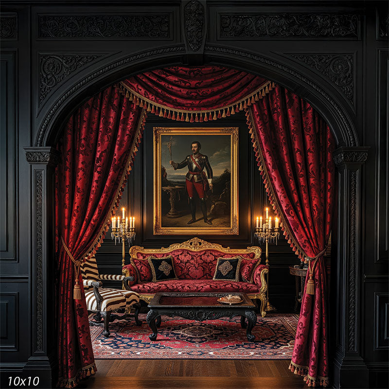 A brocade sofa with gilded accents, candle sconces, and a formal portrait evoke aristocratic mystery and moody elegance.
