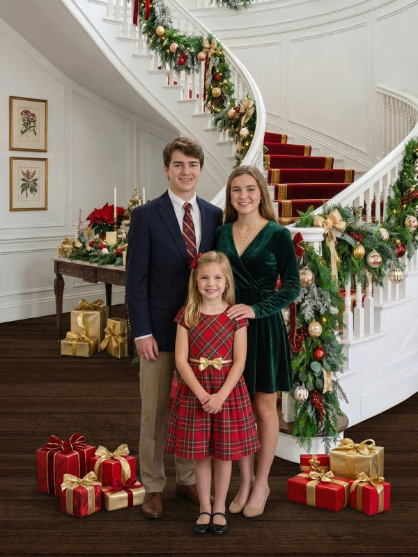 Velvet Runner white grand staircase with red carpet runner photography backdrop shown with three siblings standing together in holiday attire CP-8905