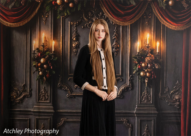 Velvet Swag ornate gray paneled wall with red velvet draping photography backdrop shown with a senior girl standing beside the red velvet garland, wide view CP-8899