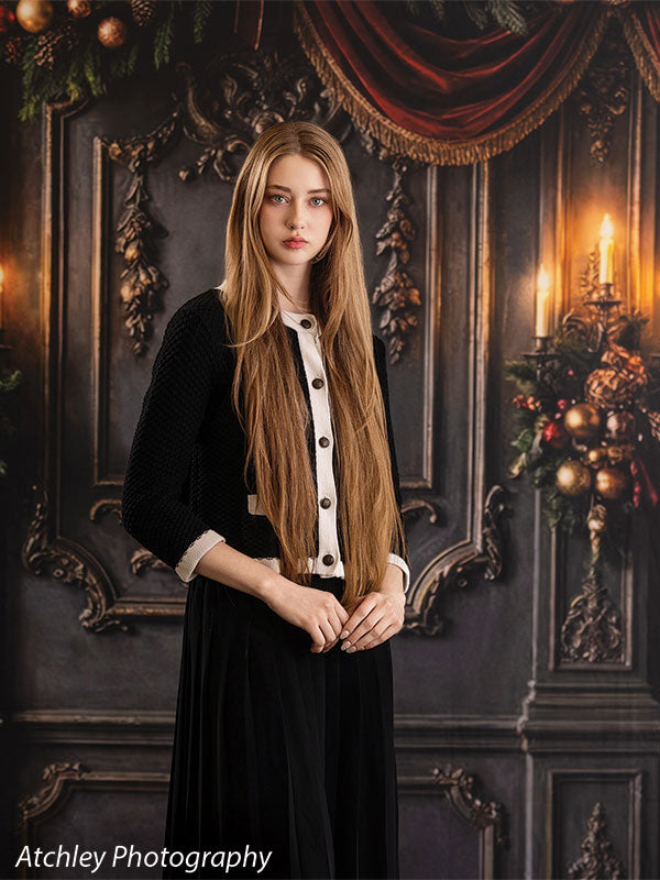 Velvet Swag ornate gray paneled wall with red velvet draping photography backdrop shown with a senior girl standing in a black dress with white collar CP-8899
