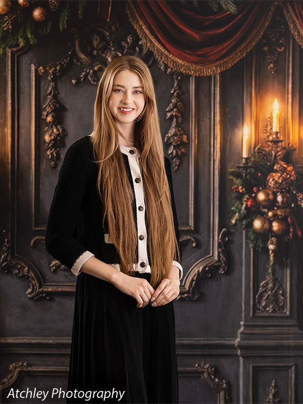 Velvet Swag ornate gray paneled wall with red velvet draping photography backdrop shown with a senior girl in a black dress standing and smiling CP-8899