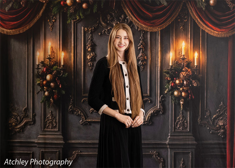 Velvet Swag ornate gray paneled wall with red velvet draping photography backdrop shown with a senior girl in a black dress standing before the paneled wall, wide view CP-8899