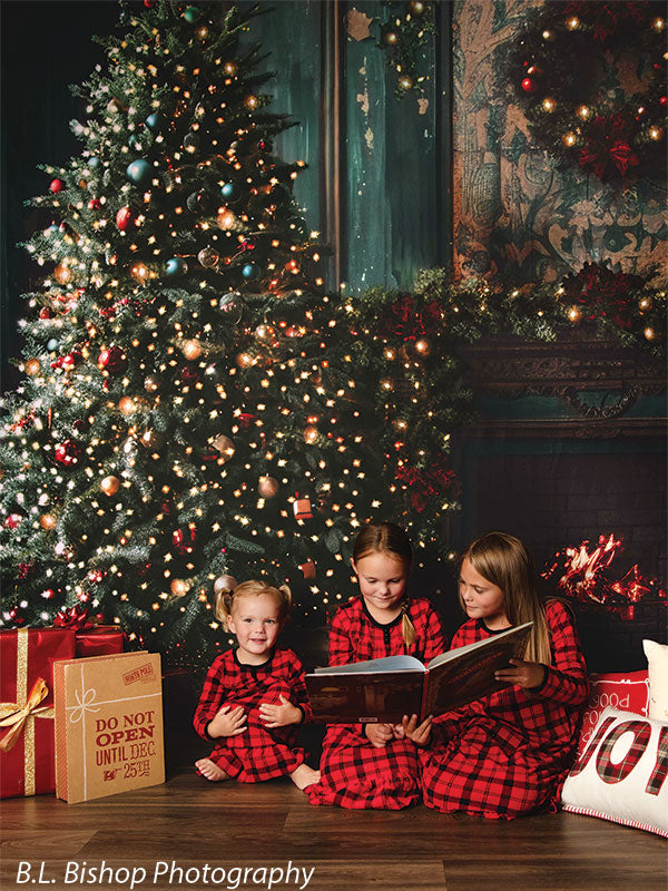 Professional vintage holiday backdrop with a fireplace, garlands, and a classic Christmas tree.
