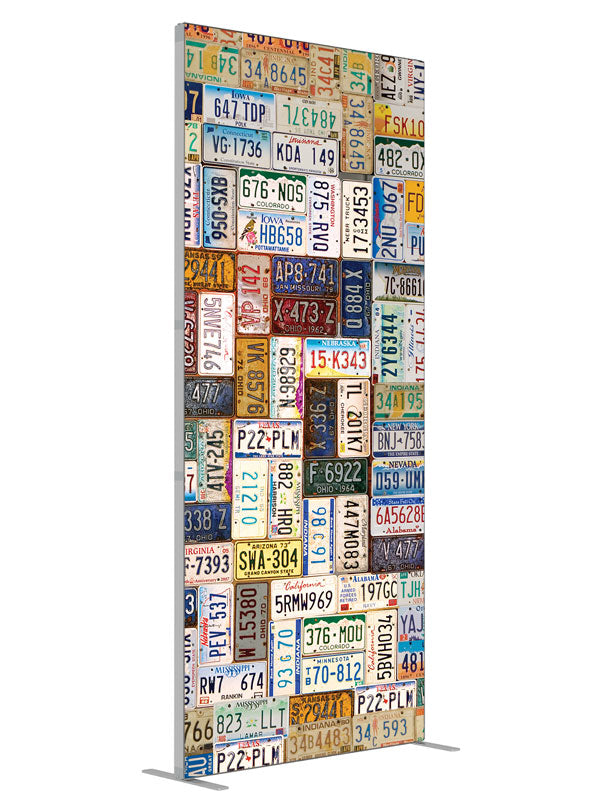 Vintage american license plate collage shown at an angled view, photography backdrop panel for Denny StudioEdge silicone edge frame, 3 ft