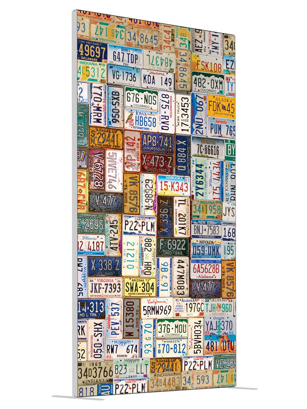 Vintage american license plate collage shown at an angled view, photography backdrop panel for Denny StudioEdge silicone edge frame, 4 ft