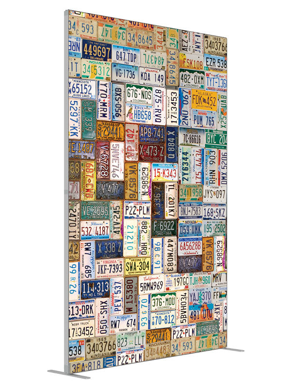 Vintage american license plate collage shown at an angled view, photography backdrop panel for Denny StudioEdge silicone edge frame, 5 ft