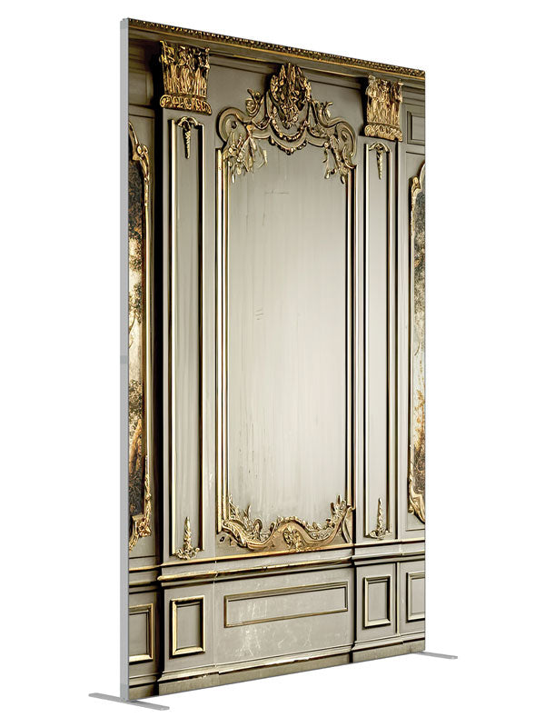 Vintage Baroque Wallpaper Panels shown at an angled view, photography backdrop panel for Denny StudioEdge silicone edge frame, 5 ft