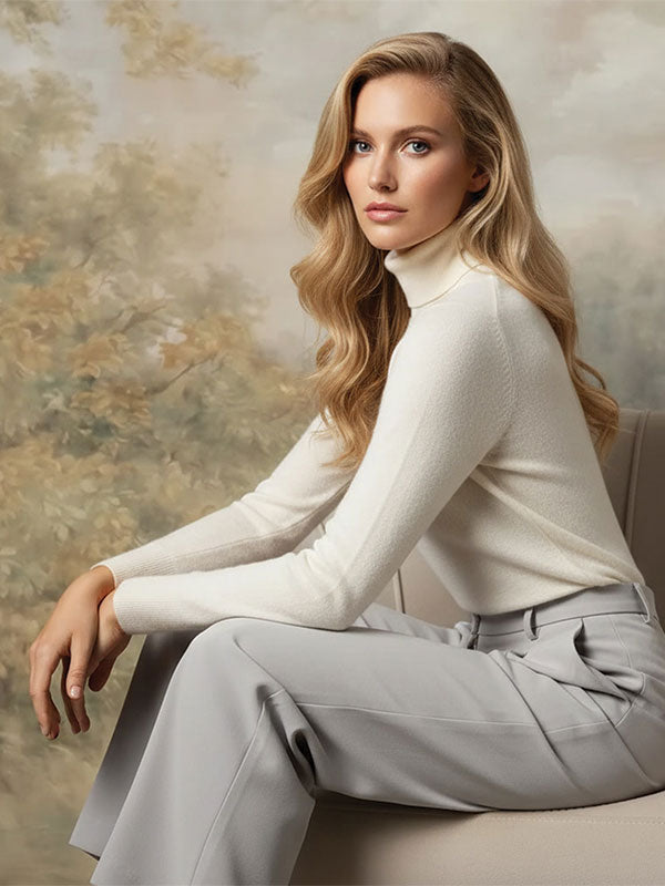 Blonde woman with long wavy hair wearing a cream turtleneck sweater and light gray pants sits sideways on a chair against a vintage beige floral painted backdrop.
