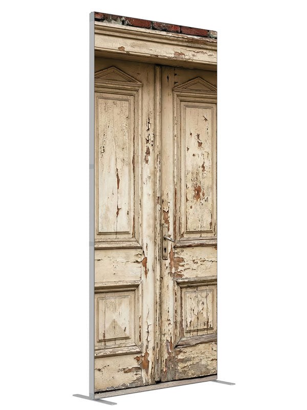 Vintage Door Red Brick Wall shown at an angled view, photography backdrop panel for Denny StudioEdge silicone edge frame, 3 ft