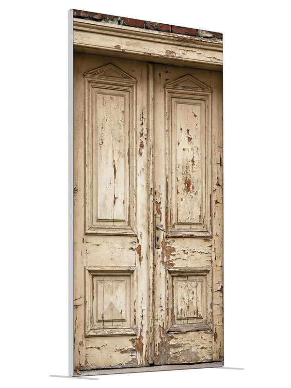 Vintage Door Red Brick Wall shown at an angled view, photography backdrop panel for Denny StudioEdge silicone edge frame, 4 ft