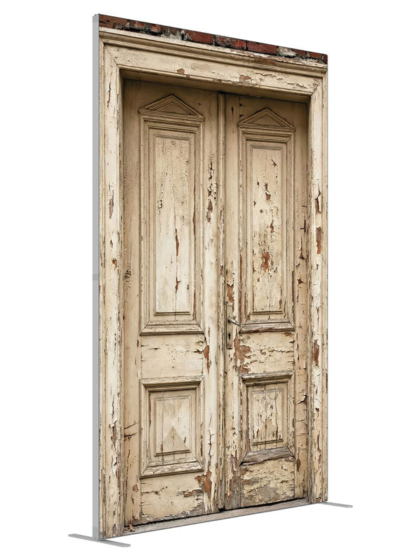 Vintage Door Red Brick Wall shown at an angled view, photography backdrop panel for Denny StudioEdge silicone edge frame, 5 ft